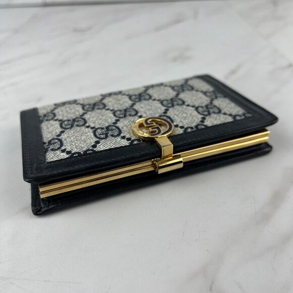 Vintage Gucci GG Canvas Leather Navy Blue Monogram Compact Bifold Wallet - Picture 3 of 6